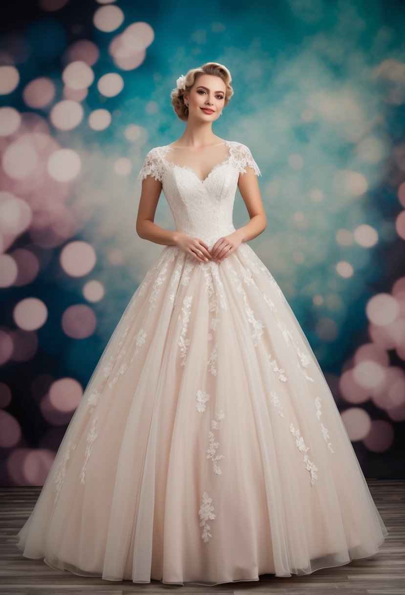 A flowing ball gown with delicate lace and floral details, inspired by 1940s fashion, set against a dreamy, whimsical backdrop