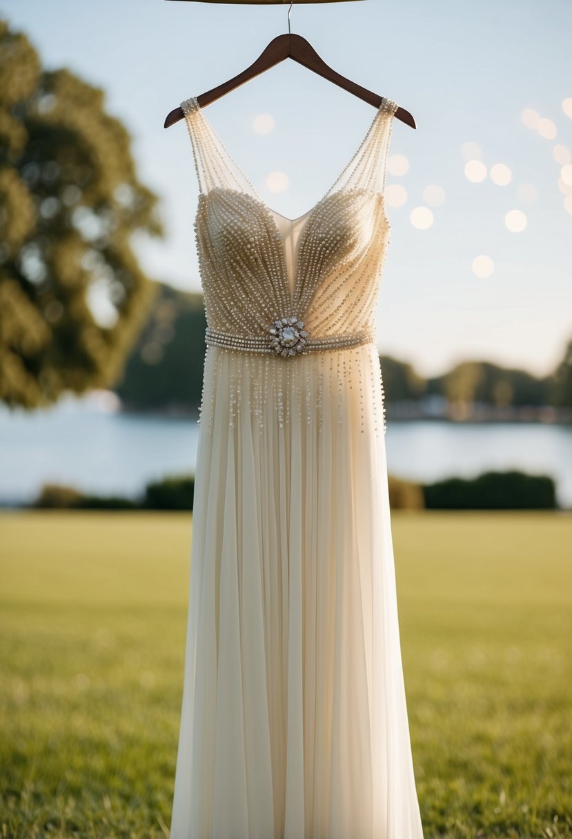 A flowing, beaded pearl chiffon wedding dress on a hanger