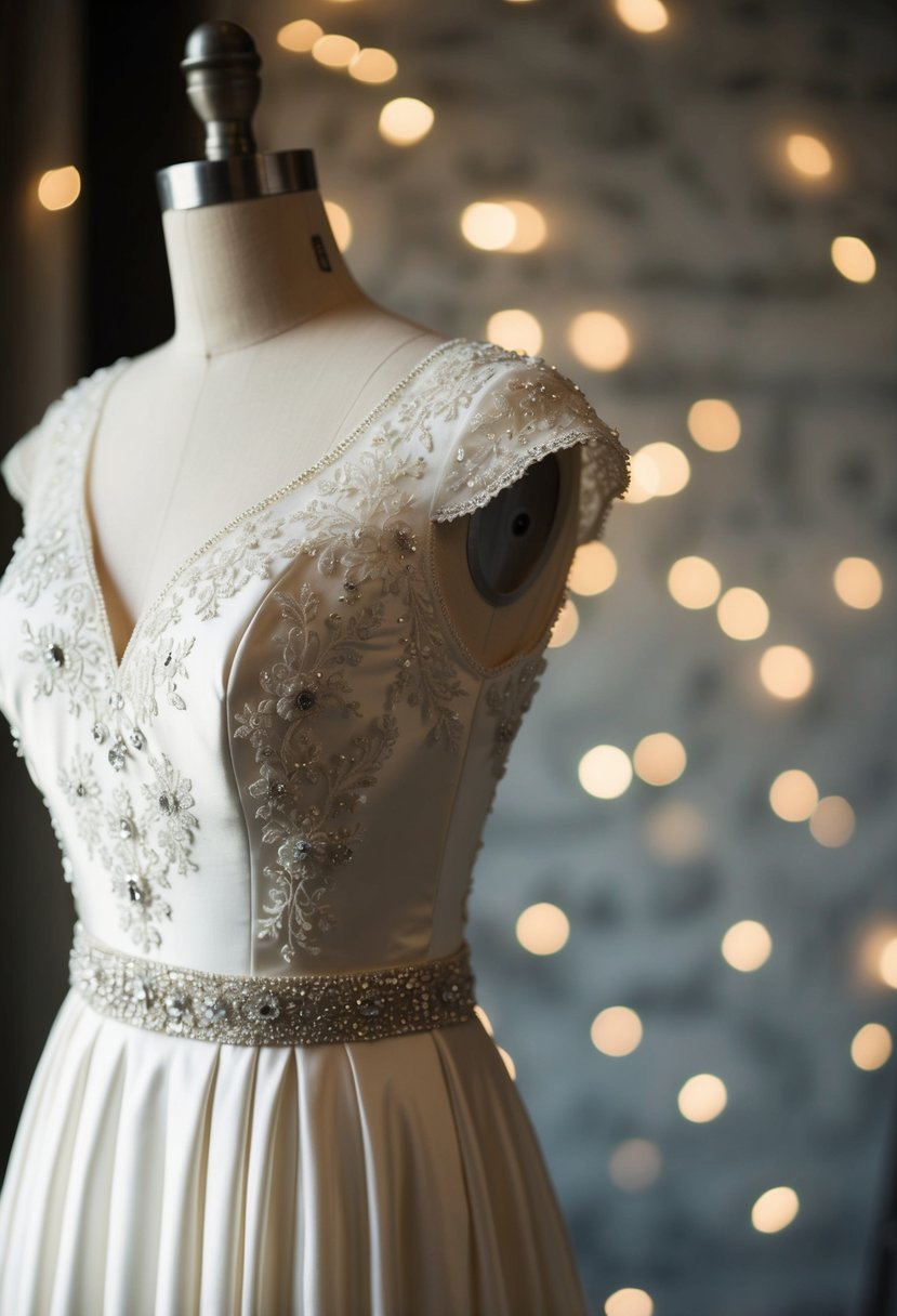 A vintage satin wedding dress with elegant no sleeves, adorned with delicate lace and intricate beading