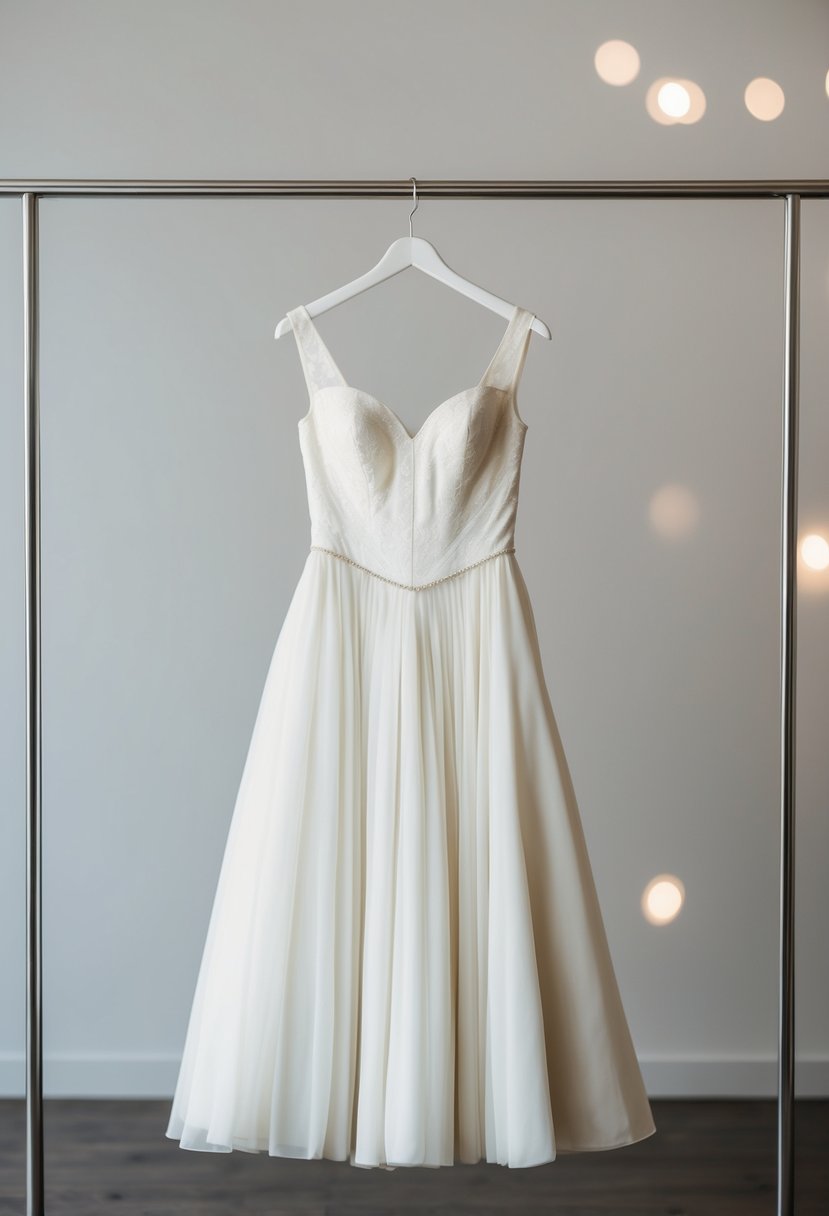 A vintage 40s style wedding dress hanging on a sleek, minimalist clothing rack