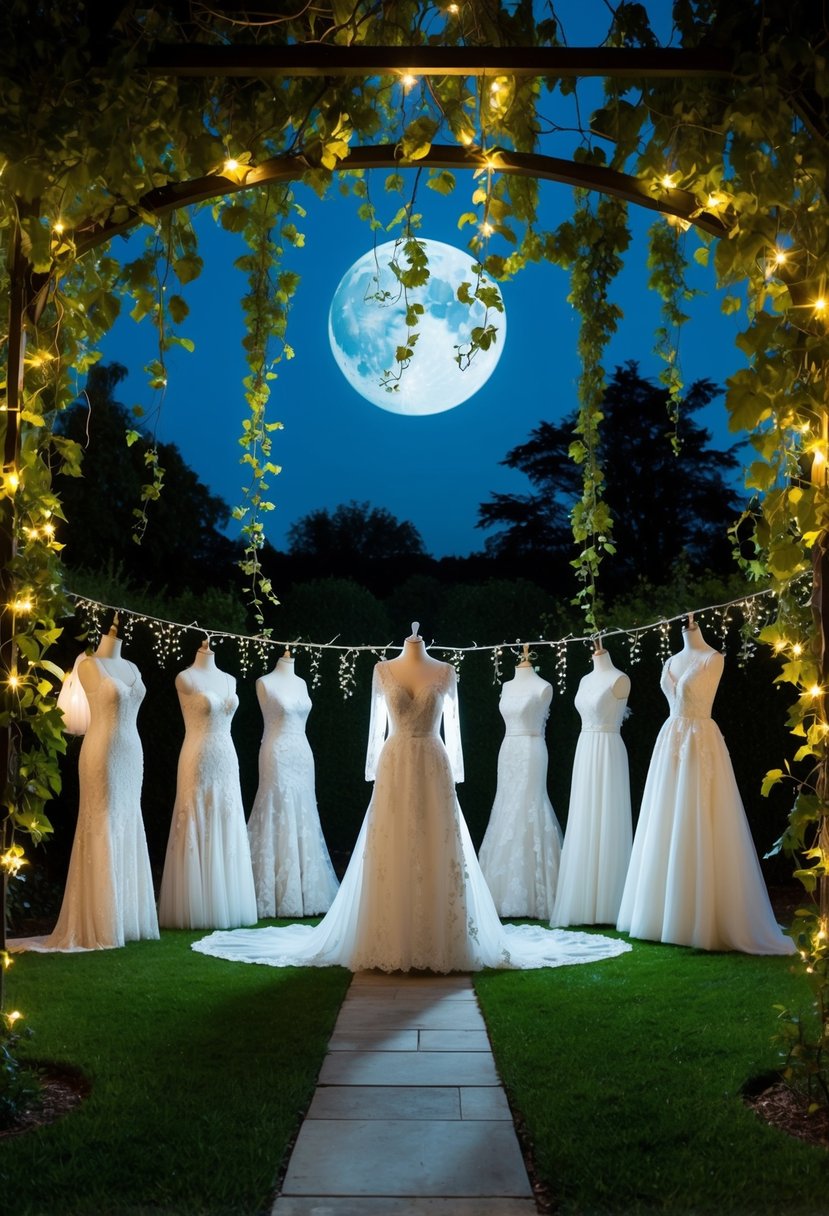 A moonlit garden with cascading vines and twinkling lights, showcasing elegant 40s-style wedding gowns fit for ethereal fairy tale brides