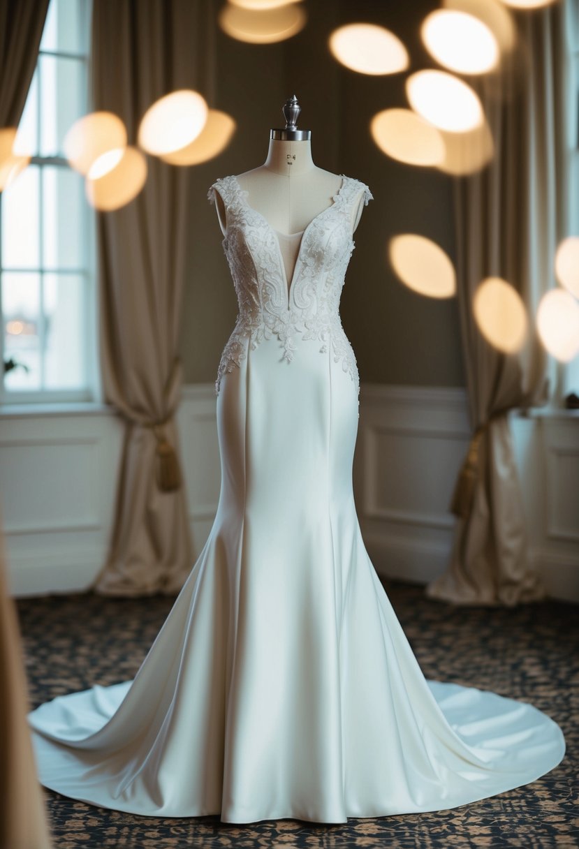 An elegant wedding dress with a tailored waistline and no sleeves, featuring intricate couture details and flowing fabric