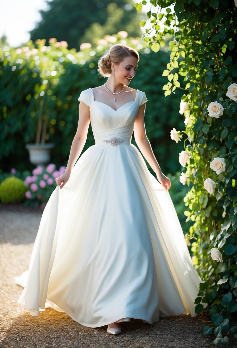 A bride in a 40s style wedding dress, with an empire waist and petite-friendly proportions, twirls in a garden filled with roses and ivy