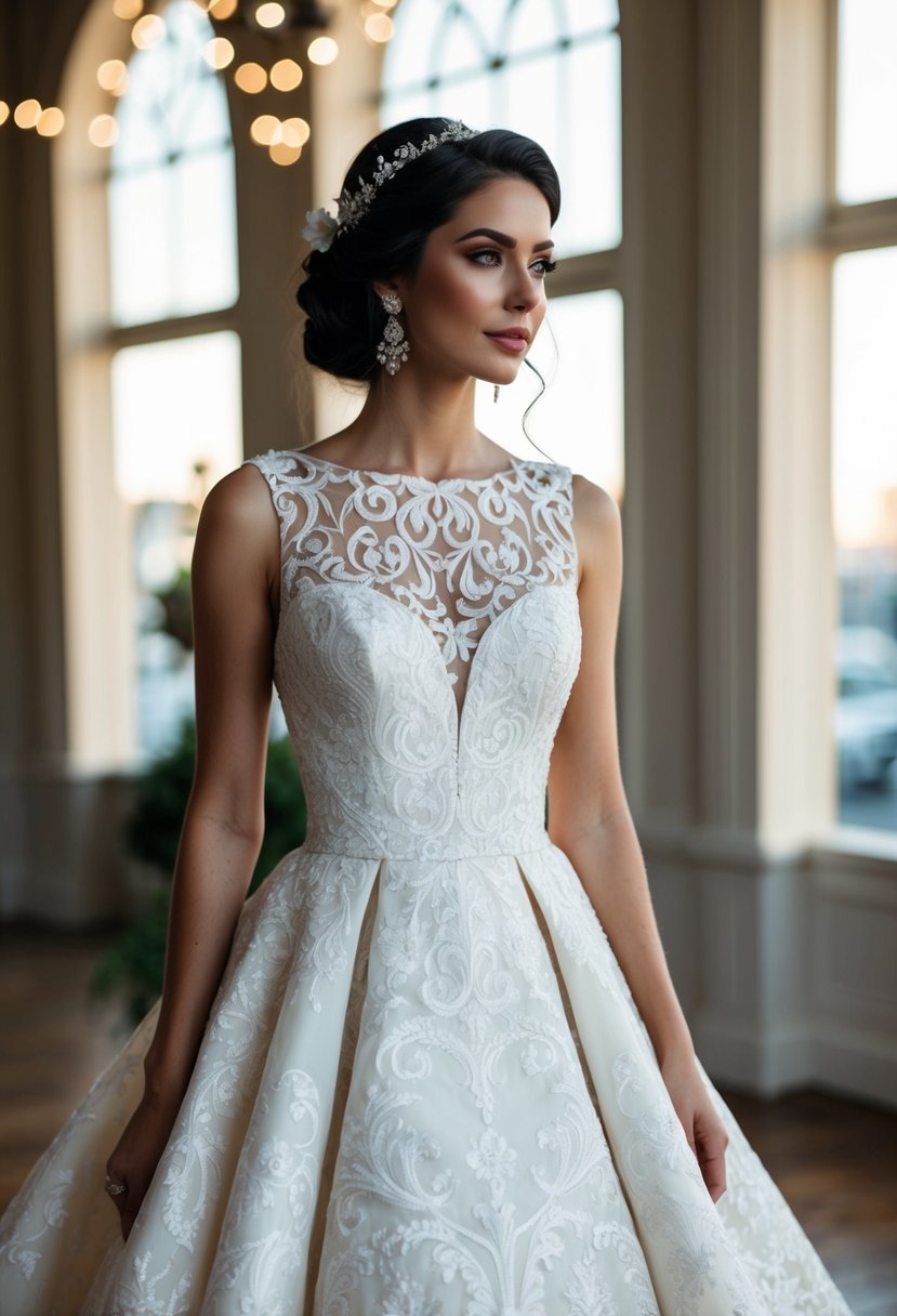 A bridal gown with intricate floral jacquard pattern, sleeveless, and a classic silhouette