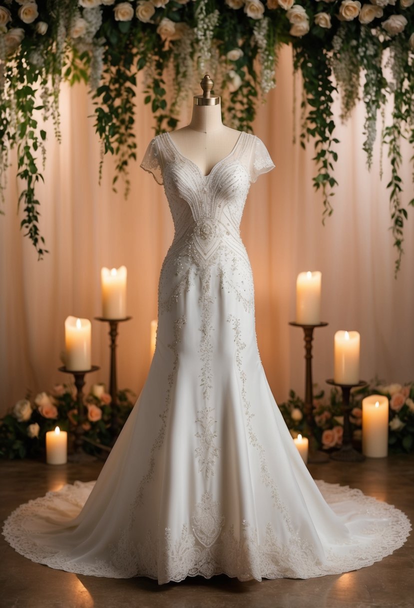 A glamorous 1940s-style wedding dress with a trumpet fit, adorned with intricate lace and beading, set against a vintage backdrop of soft candlelight and cascading flowers