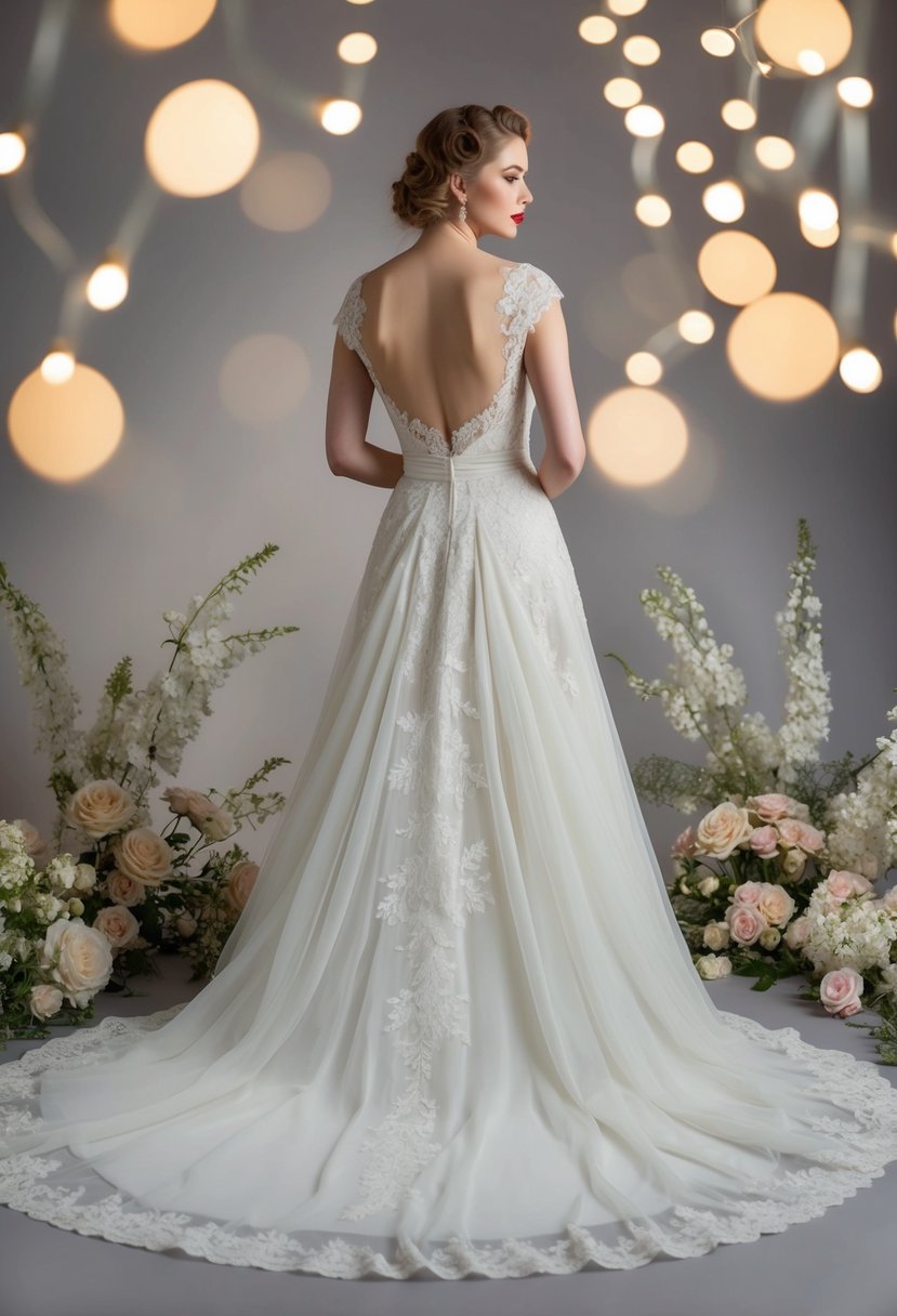 A vintage 40s-style wedding dress with a low back, delicate lace, and a flowing train, surrounded by ethereal flowers and twinkling lights