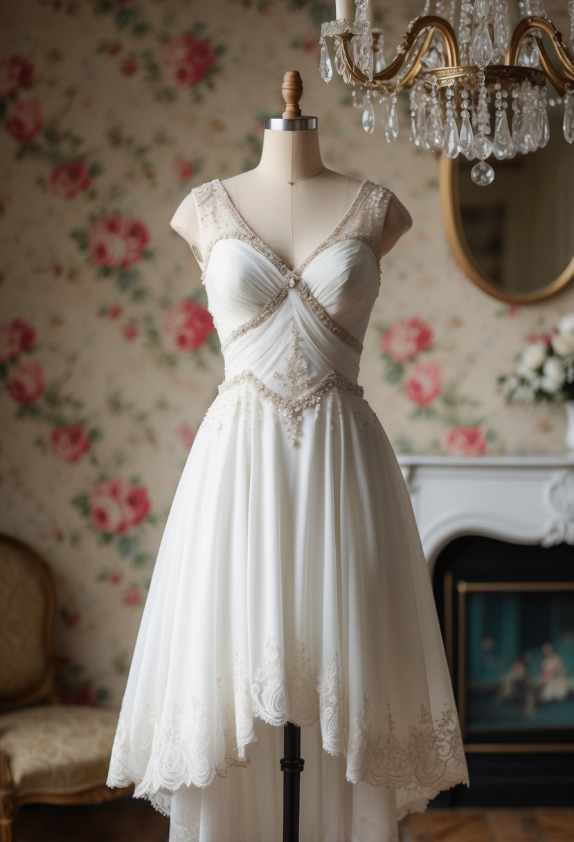 A 1940s-style wedding dress with a high-low hem, featuring delicate lace and intricate beading, set against a vintage backdrop of old-fashioned floral wallpaper and an ornate chandelier