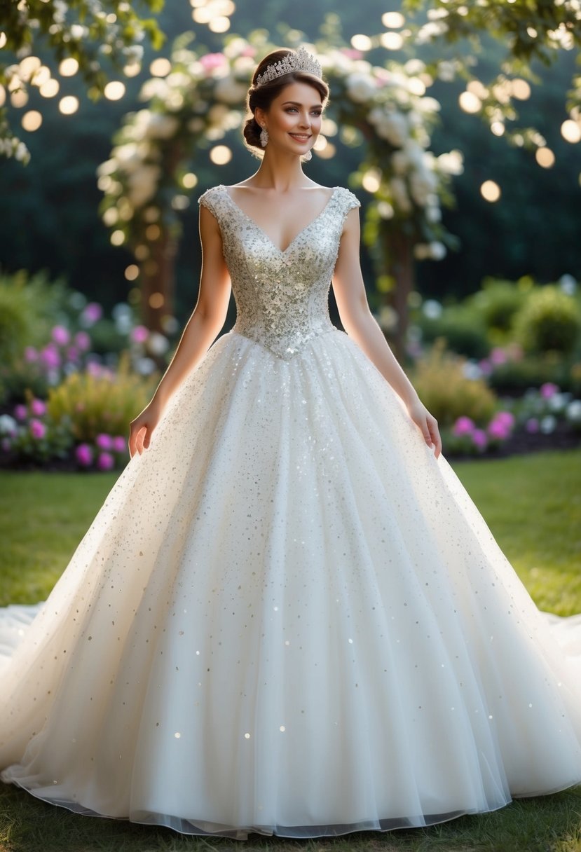 A sparkling 40s-style wedding dress adorned with sequins and inspired by a princess, set against a dreamy, enchanted garden backdrop