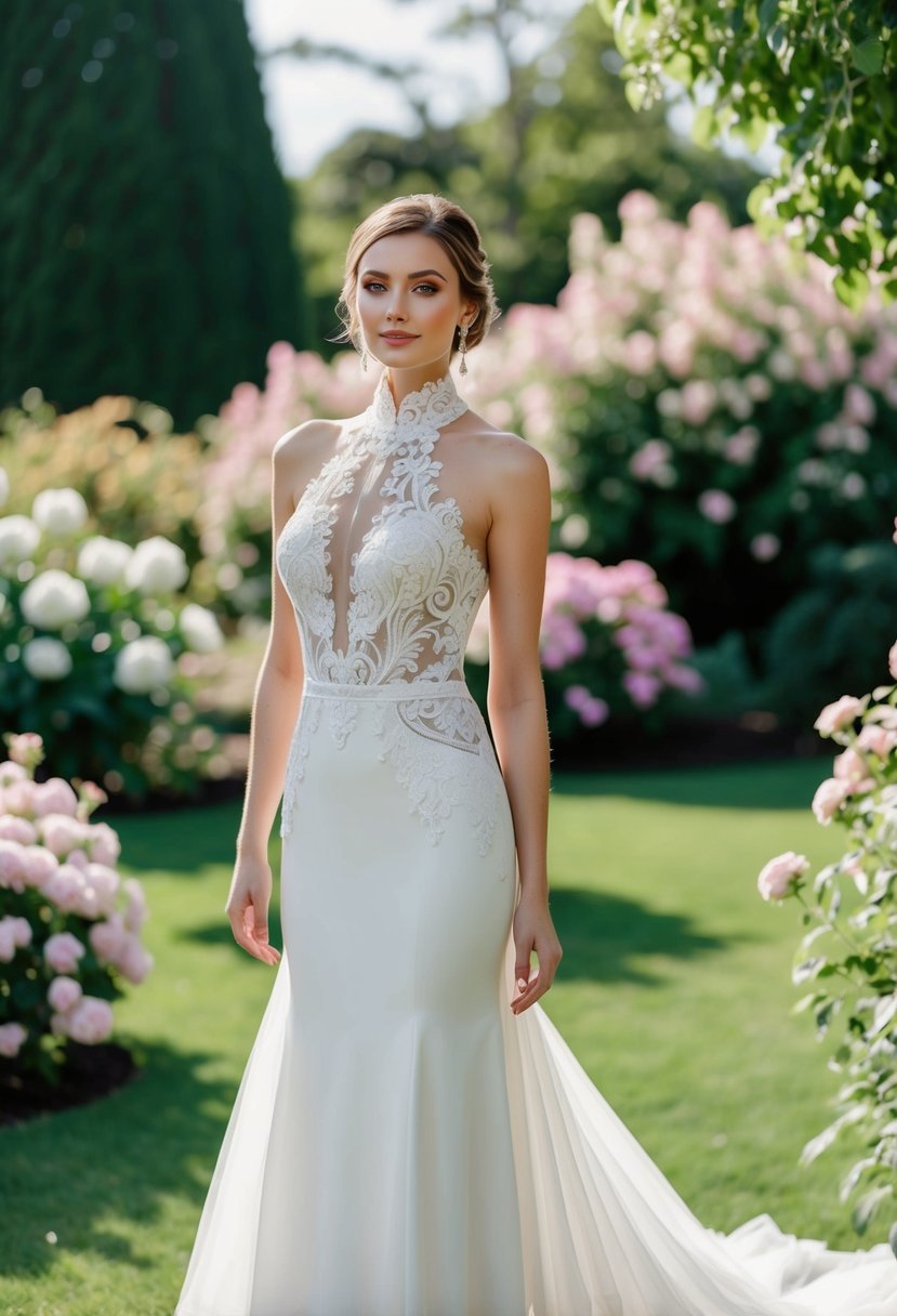 A bride in a high neck wedding dress stands in a garden, surrounded by blooming flowers and greenery. The dress has intricate lace detailing and a flowing train