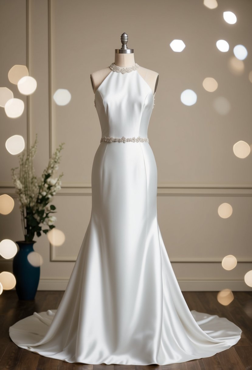 A sleek, floor-length satin gown with a high neckline and minimal embellishments, exuding effortless elegance in a 1940s-inspired wedding setting