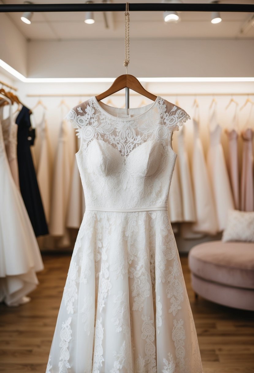 An elegant lace A-Line wedding dress with cap sleeves and a high neck, hanging on a mannequin in a softly lit bridal boutique