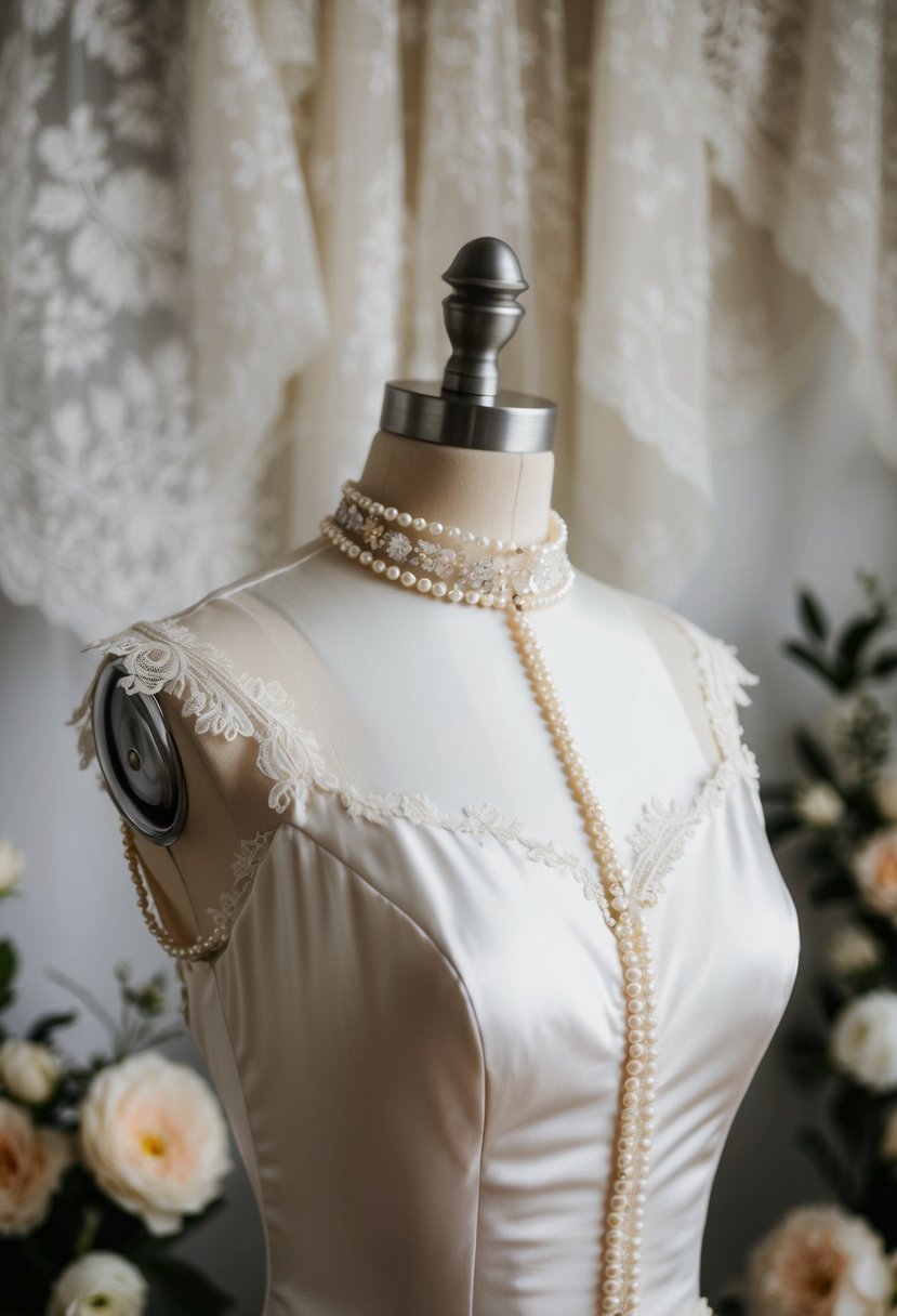 A vintage-inspired satin wedding dress with pearl details, featuring a high neck and delicate lace accents, set against a backdrop of old-fashioned lace and floral motifs