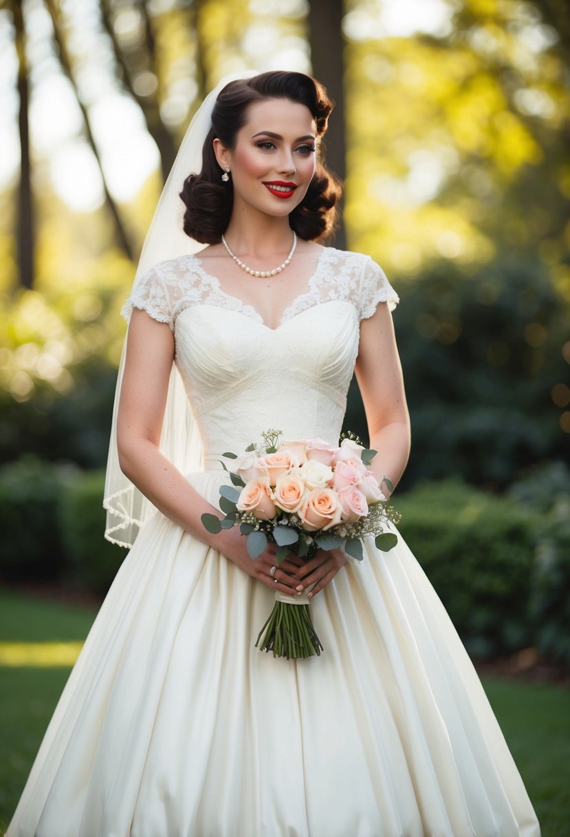 A bride in a 1940s vintage wedding dress, with a fitted bodice, full skirt, and lace detailing, holding a bouquet of roses