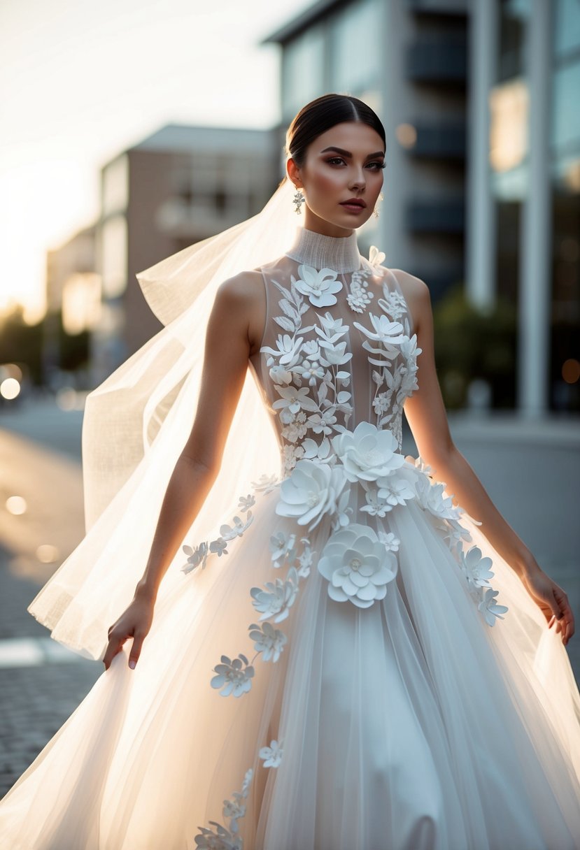 A modern high-neck tulle wedding dress adorned with intricate 3D flowers, flowing gracefully in the wind