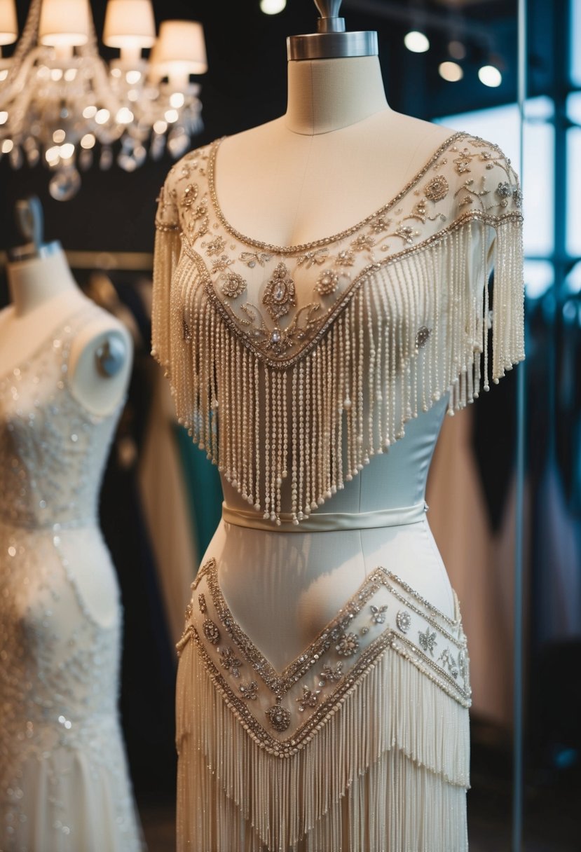 A 1940s vintage wedding dress with flapper style and beaded fringe, hanging on a mannequin in a dimly lit boutique