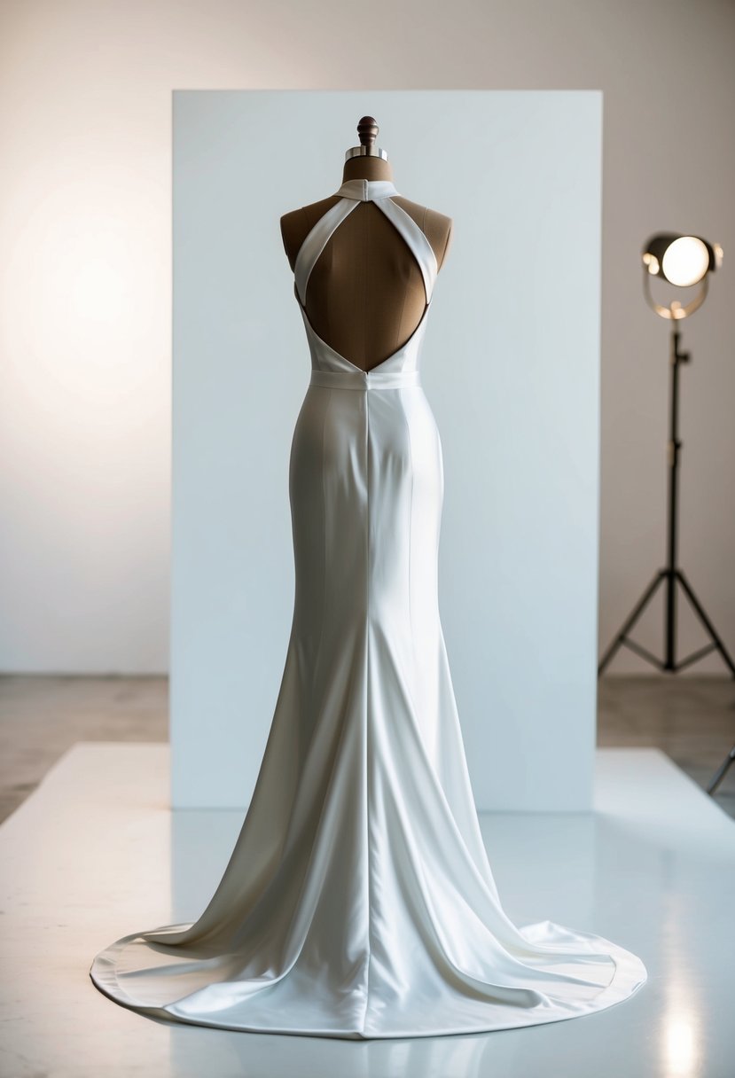 A sleek, high-neck silk wedding dress with an open back, set against a minimalistic background with soft lighting