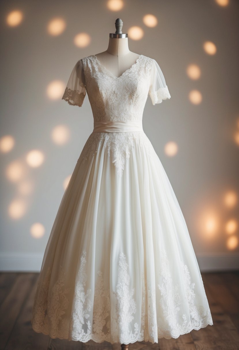 A 1940s vintage wedding dress, A-line silhouette with delicate lace details, set against a backdrop of soft, romantic lighting