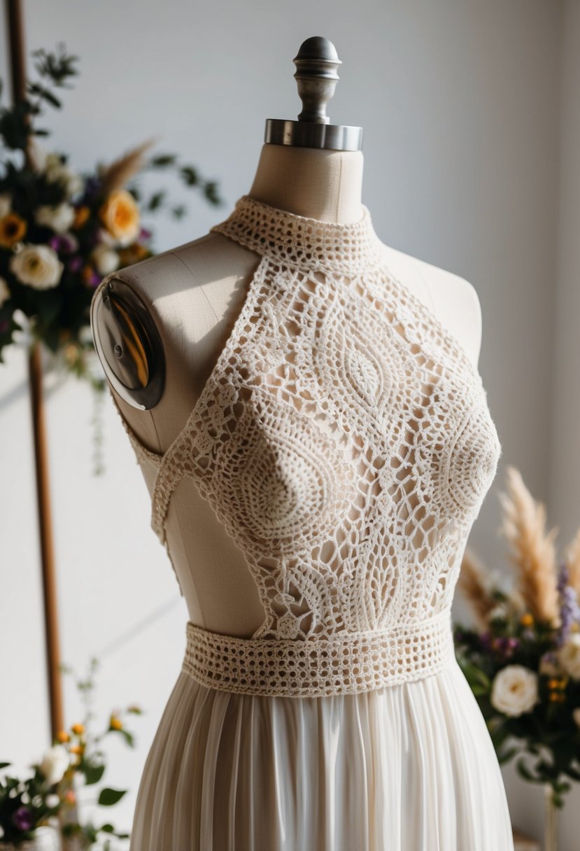 A bohemian crochet lace high neck wedding dress displayed on a mannequin in a sunlit studio with vintage accessories and floral accents