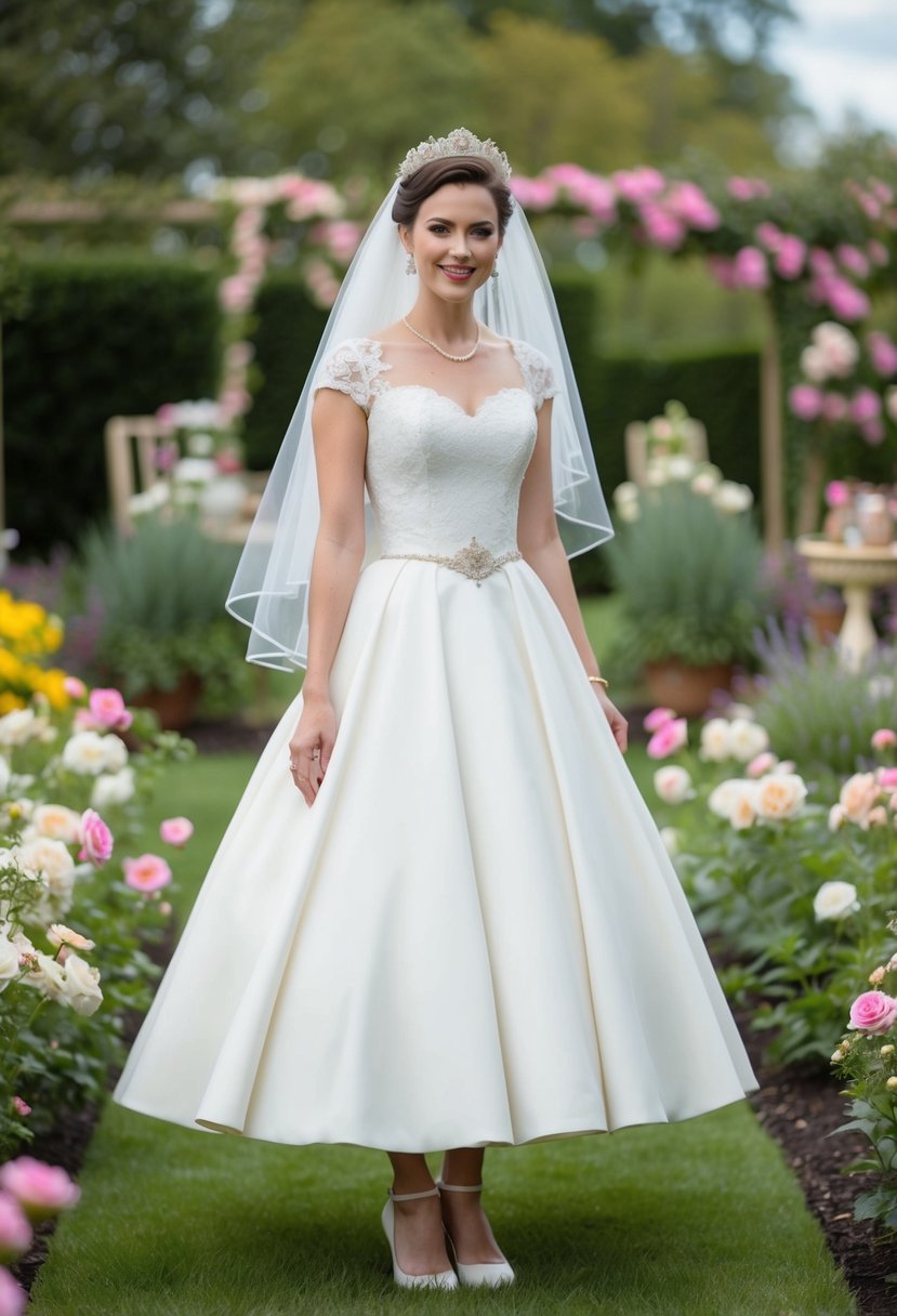 A bride in a tea-length dress and veil stands in a garden, surrounded by blooming flowers and vintage decor