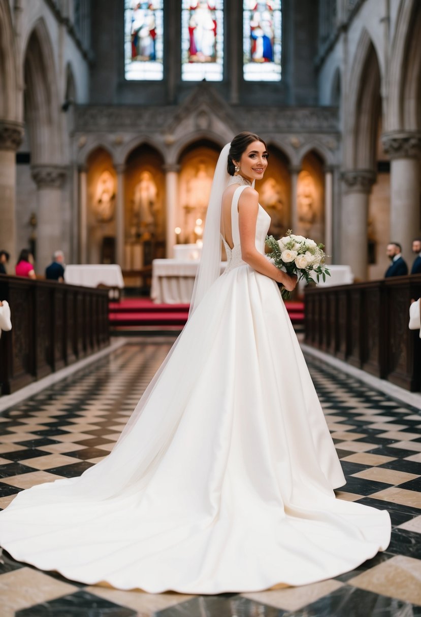 A bride stands in a grand cathedral, wearing a classic high-neck wedding dress with a long train flowing behind her