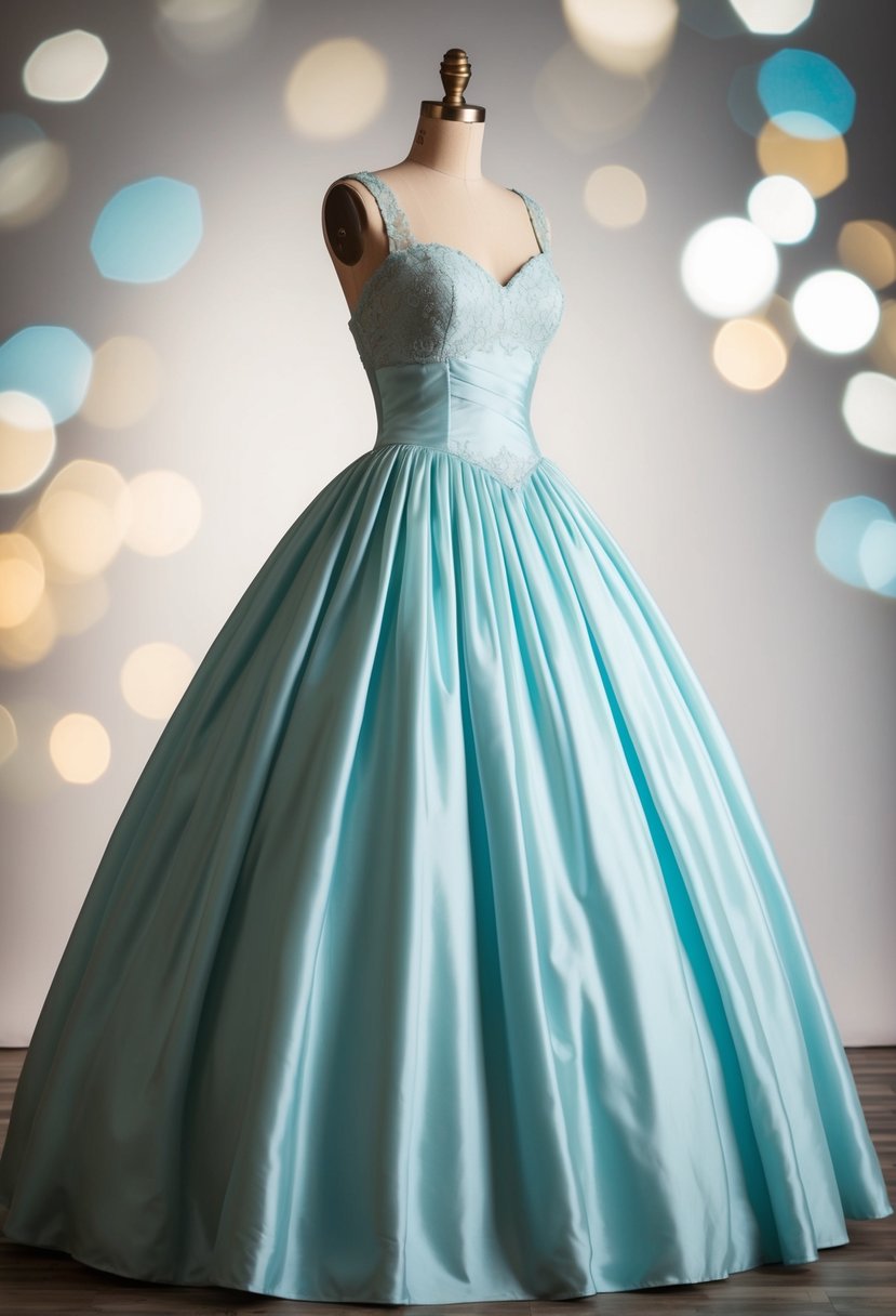 A ball gown silhouette from the 1940s, featuring a full skirt and fitted bodice, with delicate lace or satin fabric and possibly a sweetheart neckline