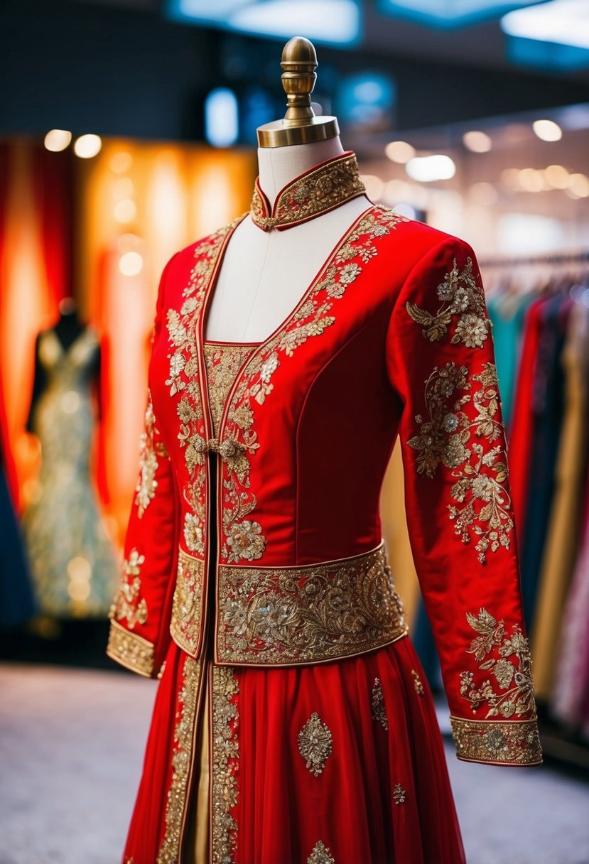 A vibrant red and gold Asian wedding dress displayed on a mannequin, adorned with intricate embroidery and shimmering details