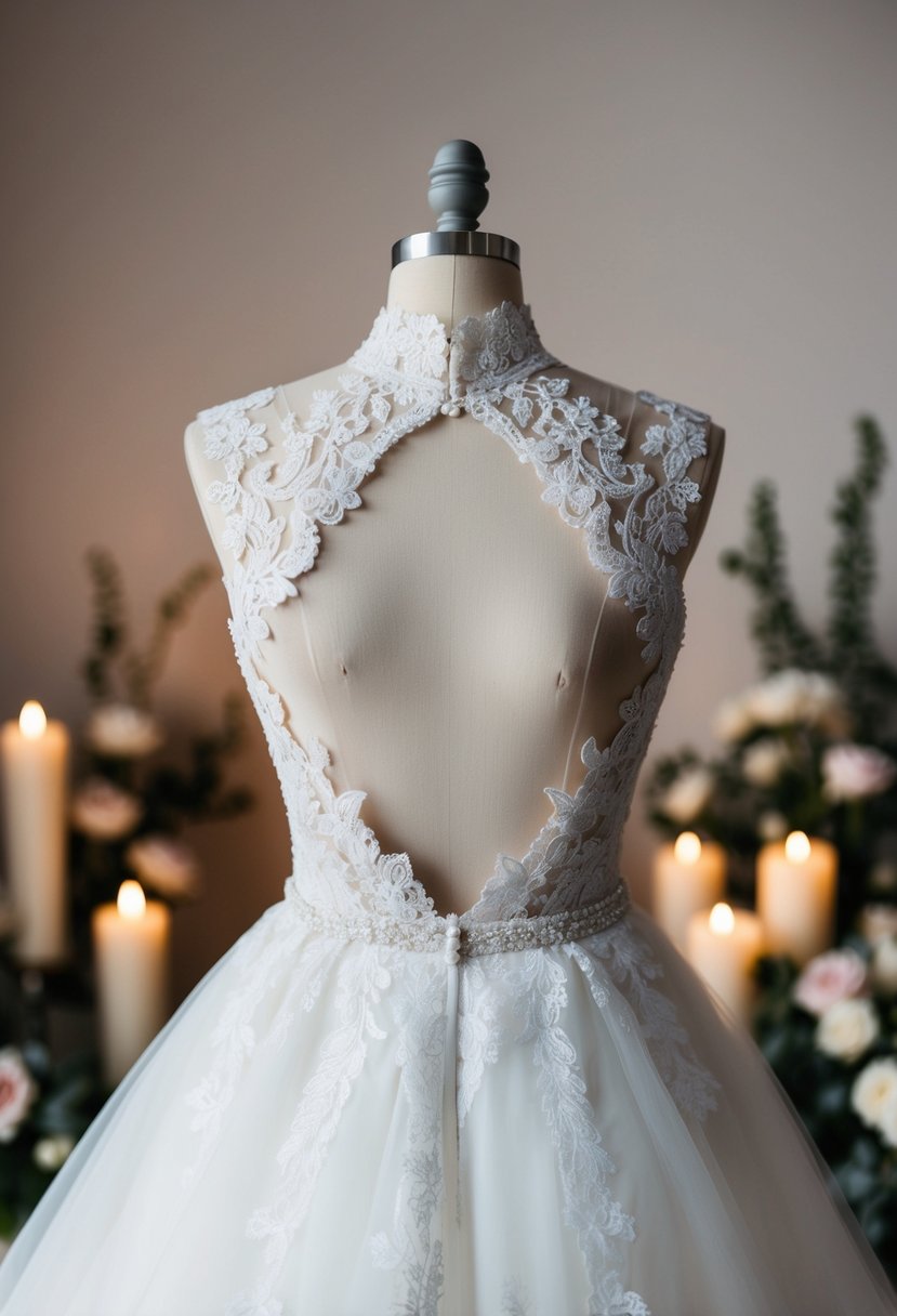 A high-neck wedding dress with sheer lace and a dramatic keyhole back, set against a backdrop of delicate flowers and soft candlelight