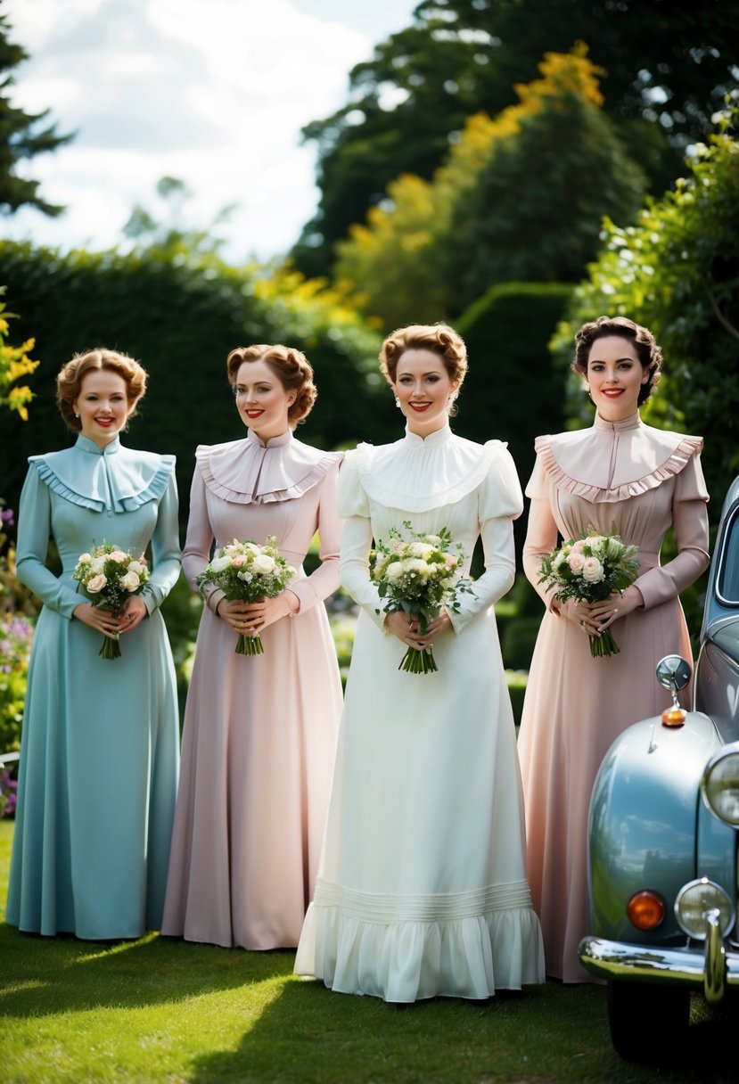 A group of women wearing Victorian high collar dresses stand in a garden, holding bouquets. A vintage car is parked nearby, setting the scene for a 1940s wedding