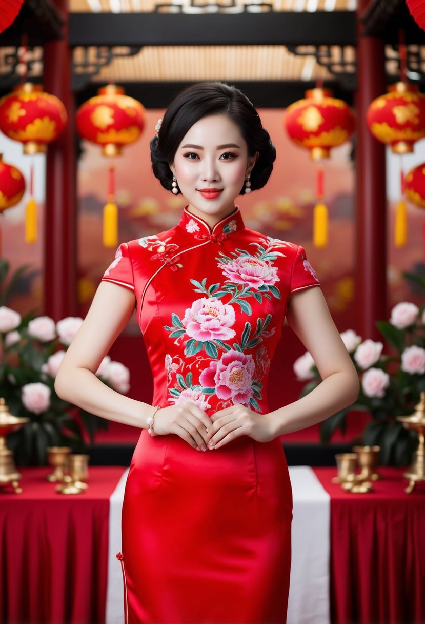 A vibrant red cheongsam with intricate peony embroidery, set against a backdrop of traditional Chinese wedding decorations