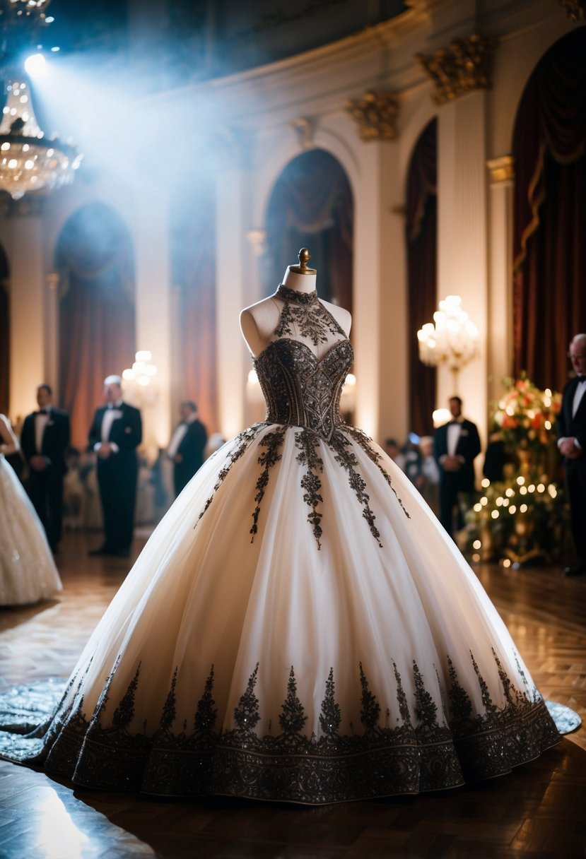 A grand ballroom with a spotlight on a regal ball gown with an intricately embroidered bodice and a high neck, surrounded by opulent decor