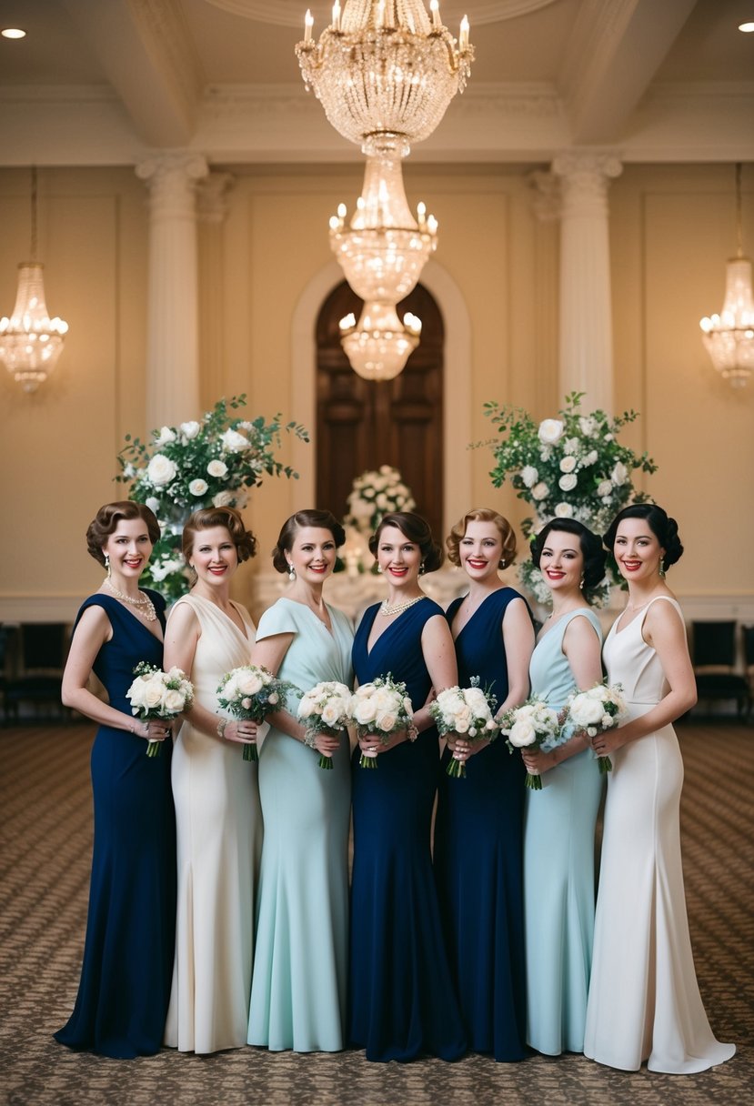 An elegant ballroom with women in Edwardian-inspired column dresses, surrounded by 1940s vintage wedding decor