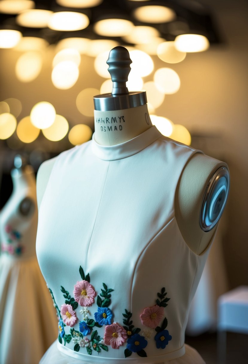 A mannequin wearing a chic sleeveless wedding dress with floral appliqué, featuring a high neck and flowing skirt