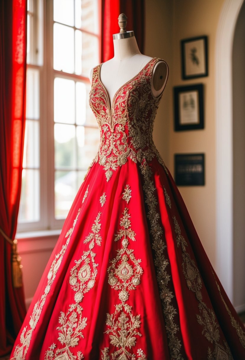 A vibrant red wedding dress adorned with intricate gold embroidery, displayed on a mannequin in a sunlit room