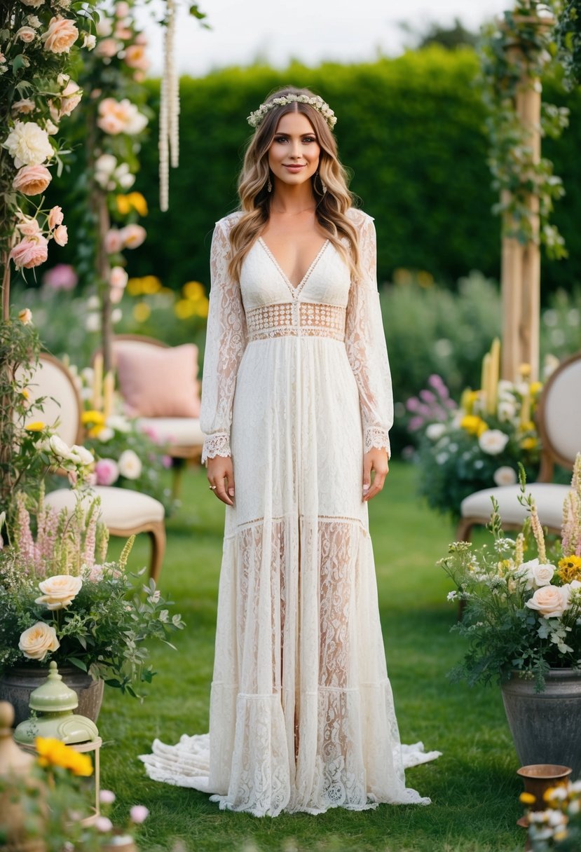 A bride wearing a bohemian lace maxi dress stands in a garden surrounded by vintage decor and flowers