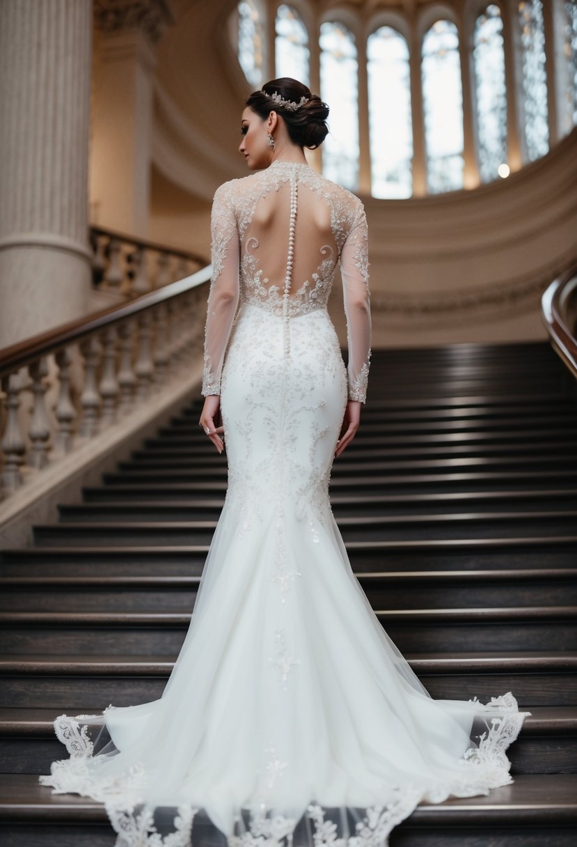 A mermaid-cut wedding dress with sheer sleeves and a high neck, adorned with delicate lace and intricate beadwork, cascading down a grand staircase