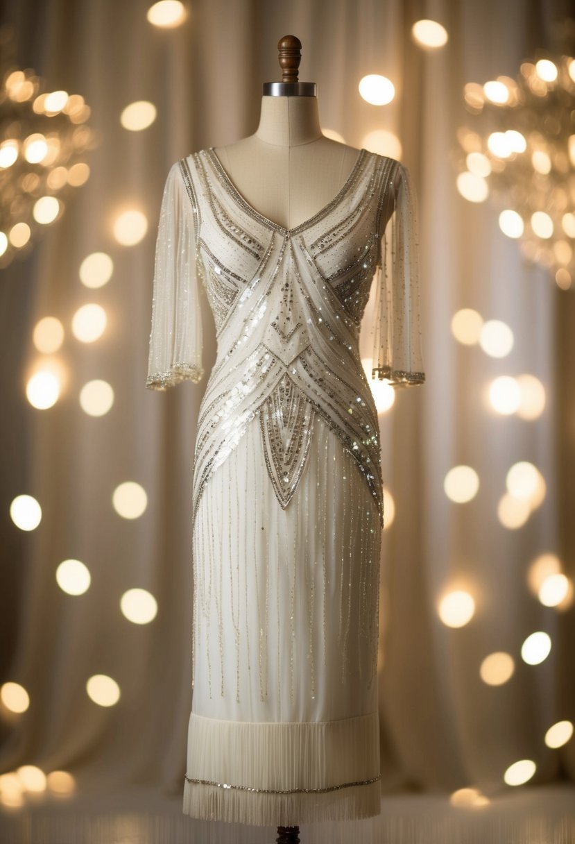 A 1940s vintage wedding dress with shimmering sequins, draped in luxurious Gatsby glam