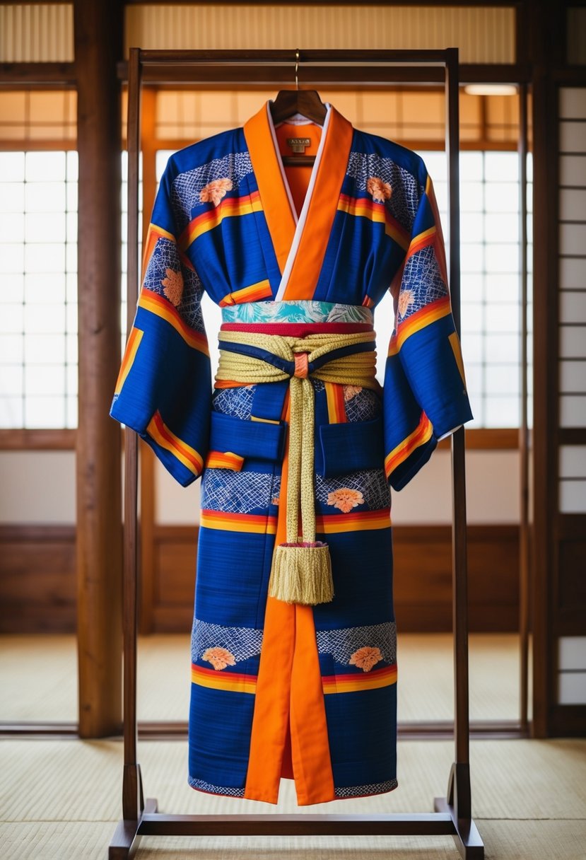 A vibrant Japanese kimono with a decorative obi belt draped over a wooden stand