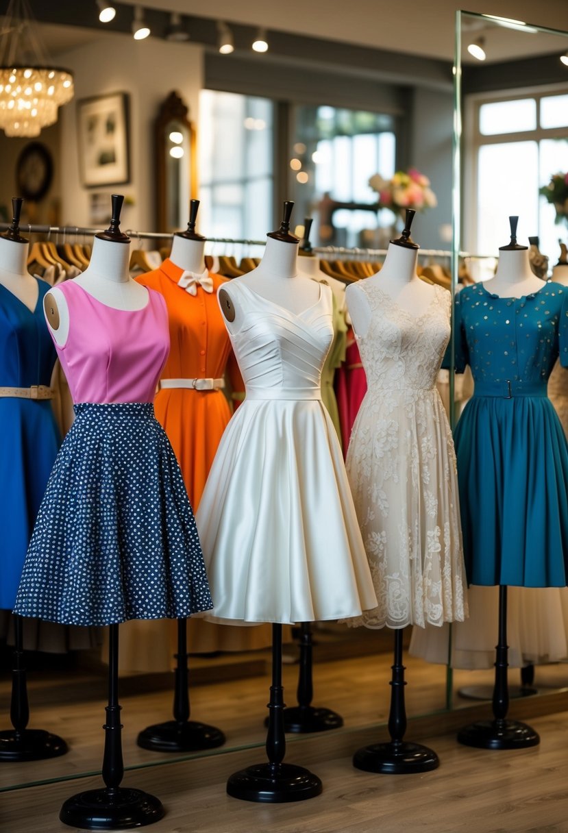 A group of mannequins wearing '60s mod mini dresses and 1940s vintage wedding dresses displayed in a retro-inspired boutique