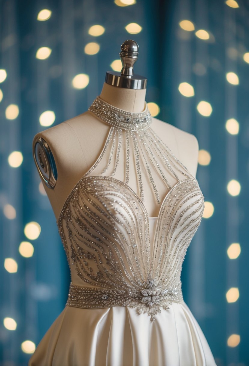 A high-necked wedding dress with intricate crystal beading and luxurious satin fabric, draping elegantly on a mannequin