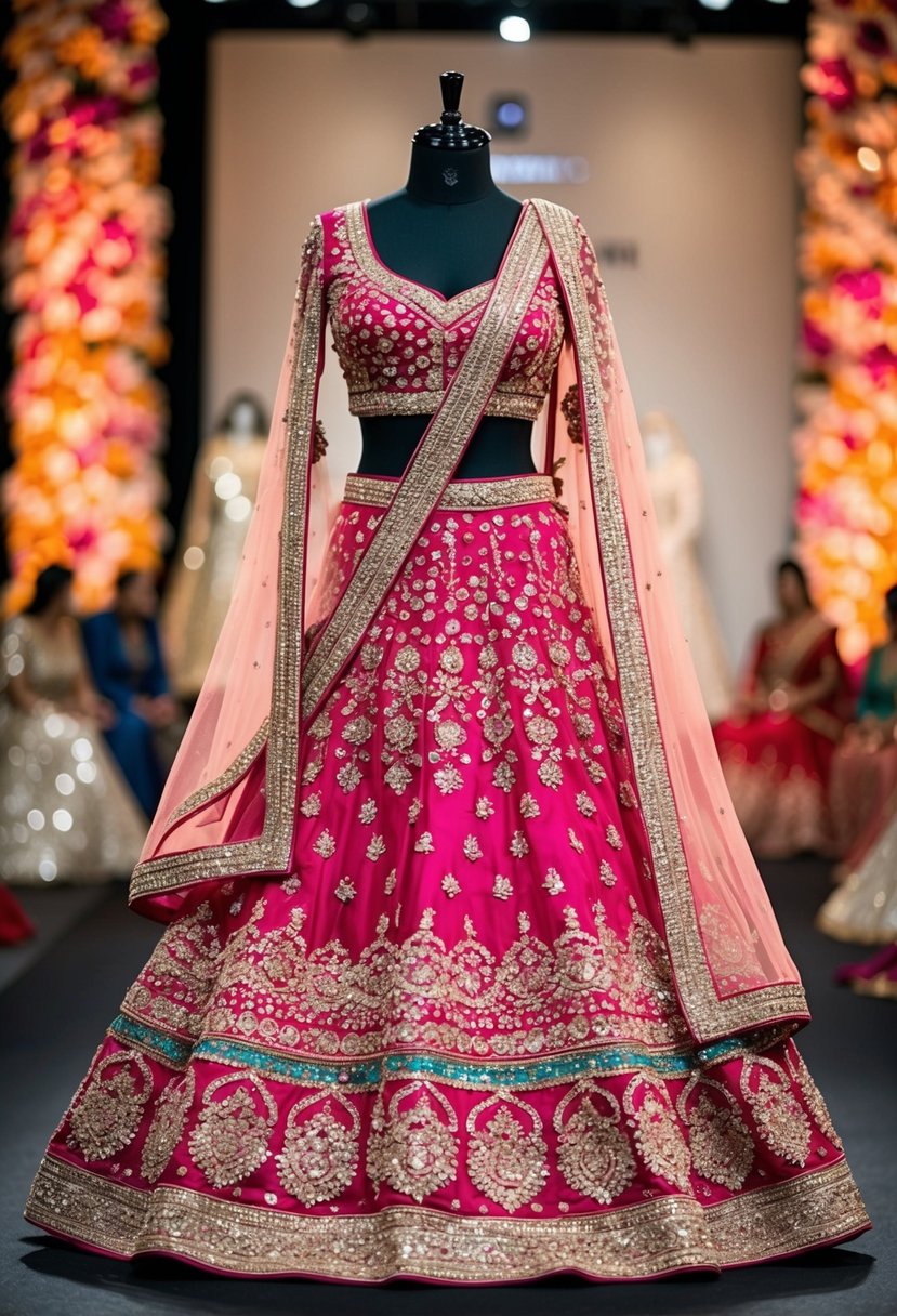 A vibrant South Asian bridal lehenga displayed on a mannequin, adorned with intricate embroidery and shimmering embellishments