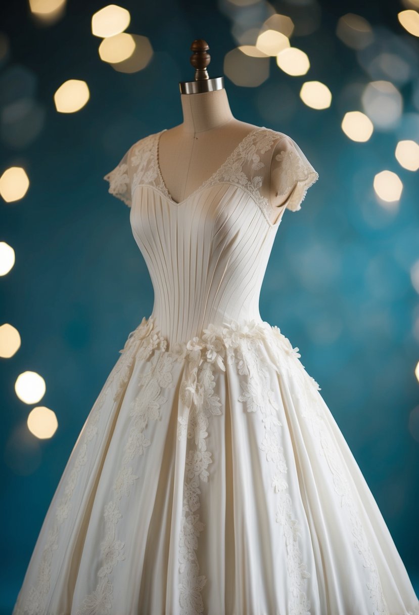 A 1940s vintage wedding dress with princess seams and delicate lace appliqués cascading down the bodice and skirt, creating a romantic and timeless look