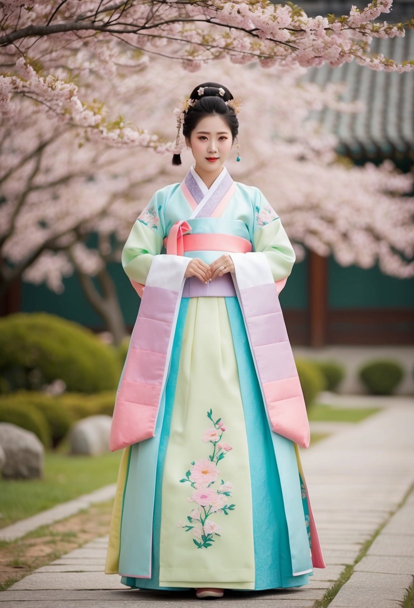 A traditional Korean Hanbok in pastel shades, adorned with delicate embroidery and flowing silhouettes, set against a backdrop of cherry blossoms and a serene garden