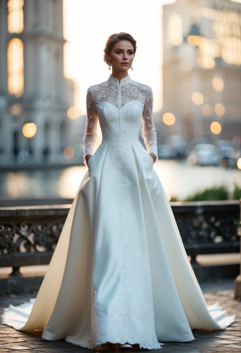 A-line wedding dress with high collar and pockets, adorned with delicate lace and intricate embroidery, flowing gracefully to the ground