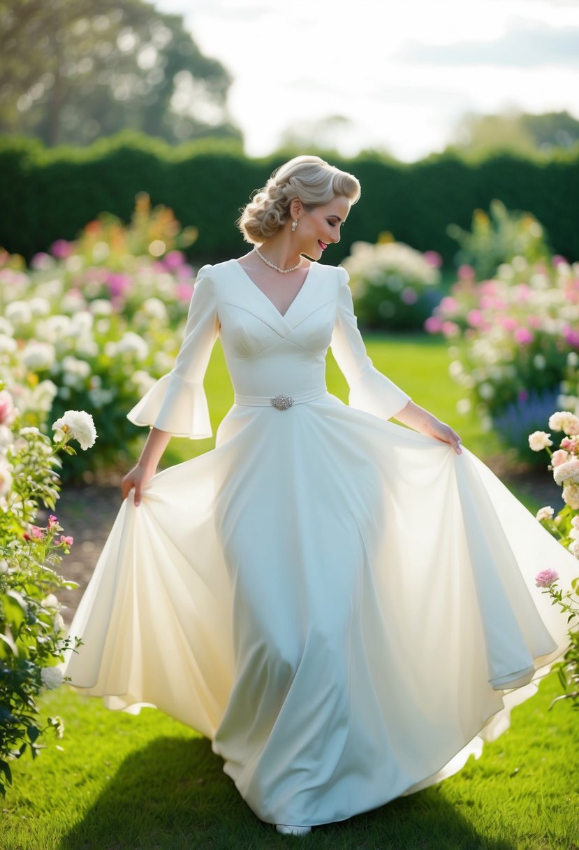 A bride in a 1940s vintage wedding dress with bell sleeves, twirling in a garden filled with blooming flowers and a soft, romantic atmosphere