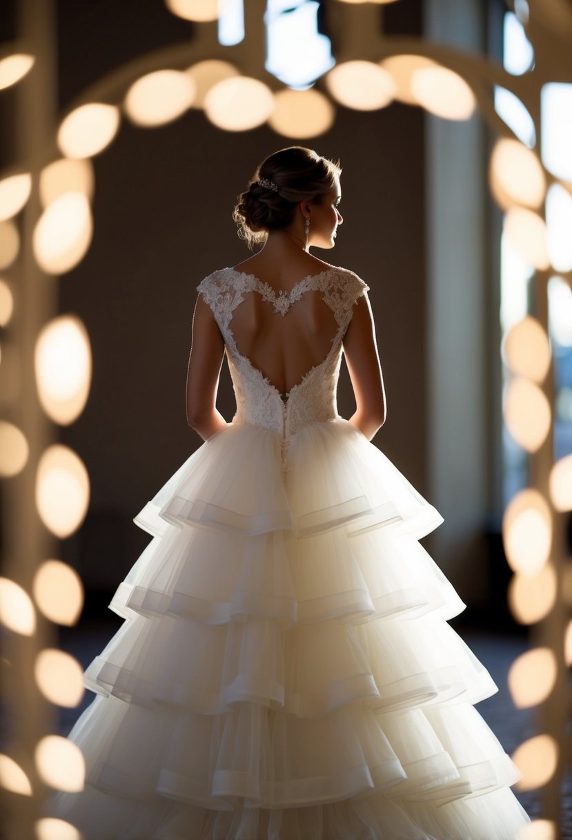 A bride stands in a tiered tulle wedding dress with a heart-shaped back, her silhouette framed by soft, romantic lighting