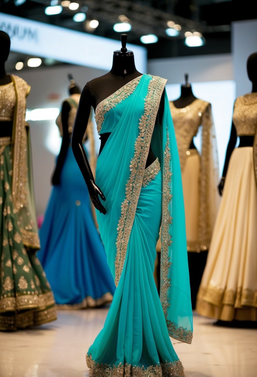 A modern fusion saree gown displayed on a mannequin with intricate embroidery and elegant draping