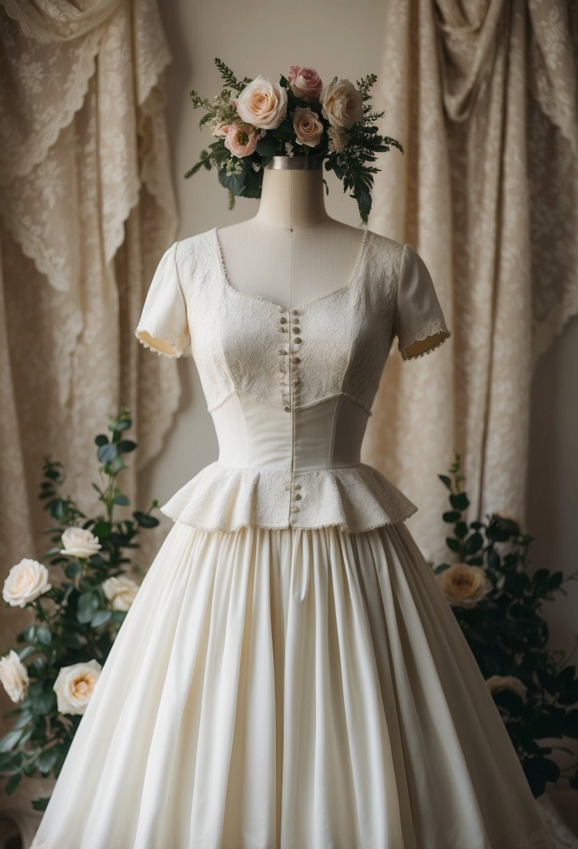 A mannequin adorned in a peplum waist vintage wedding dress from the 1940s, surrounded by antique lace and floral accents