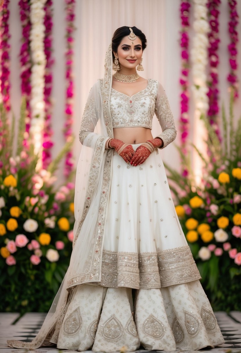 A Pakistani Gharara wedding dress in off-white, adorned with intricate Asian embroidery and delicate embellishments, set against a backdrop of traditional henna designs and vibrant floral arrangements