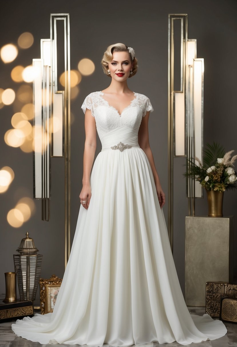 A bride wearing a drop waist 1940s vintage wedding dress, with a lace bodice and a flowing skirt, surrounded by art deco decor and vintage accessories