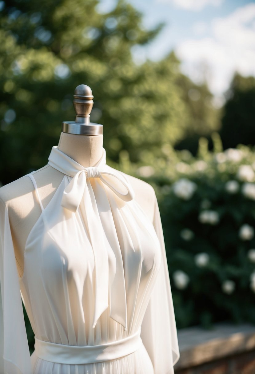 A chiffon halter wedding dress with a bow detail at the high neck, flowing gracefully in the breeze at an outdoor garden wedding